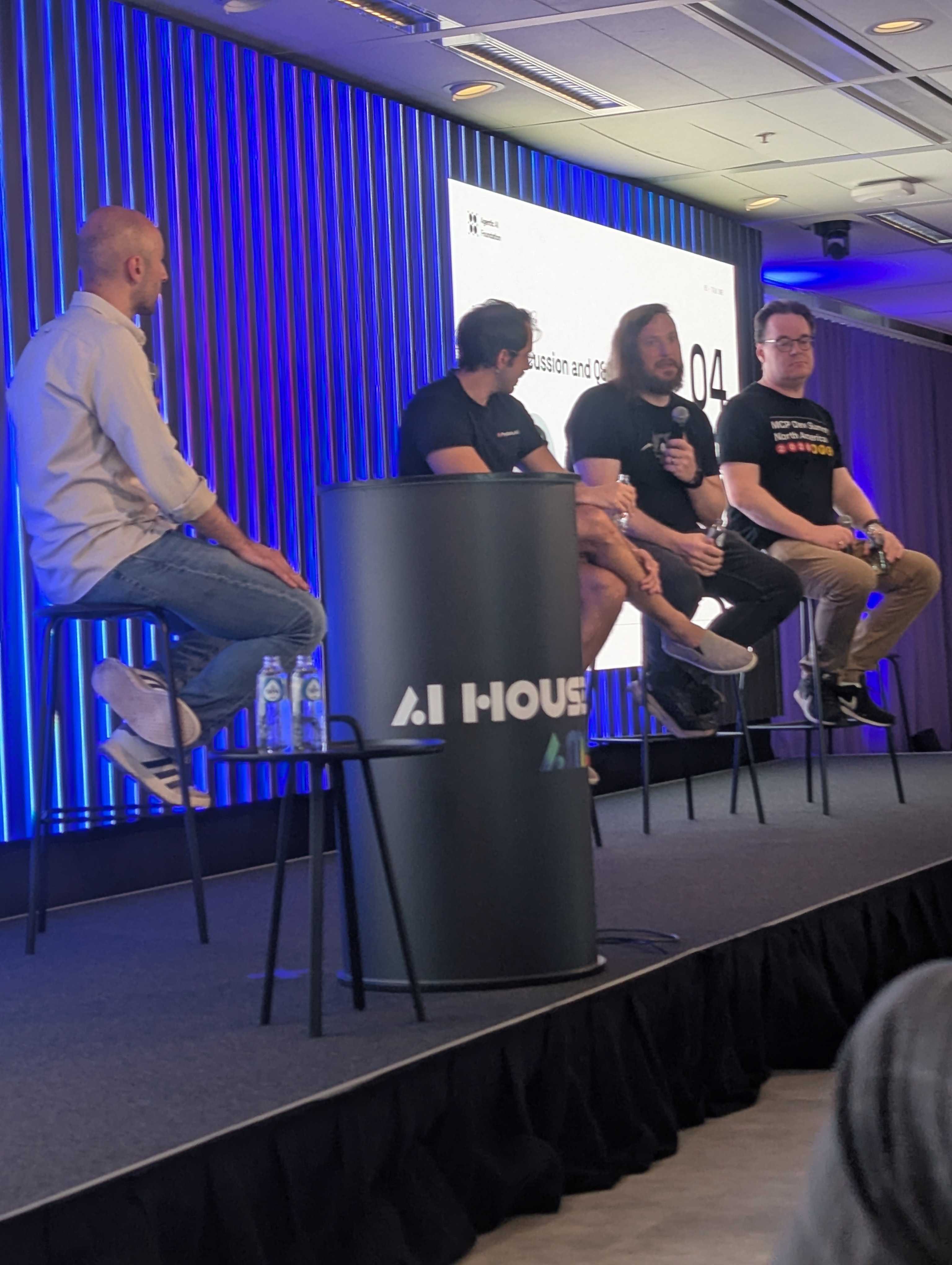 The closing panel discussion and Q&A at the MCP Release Party at AI House Amsterdam, four maintainers seated on stage