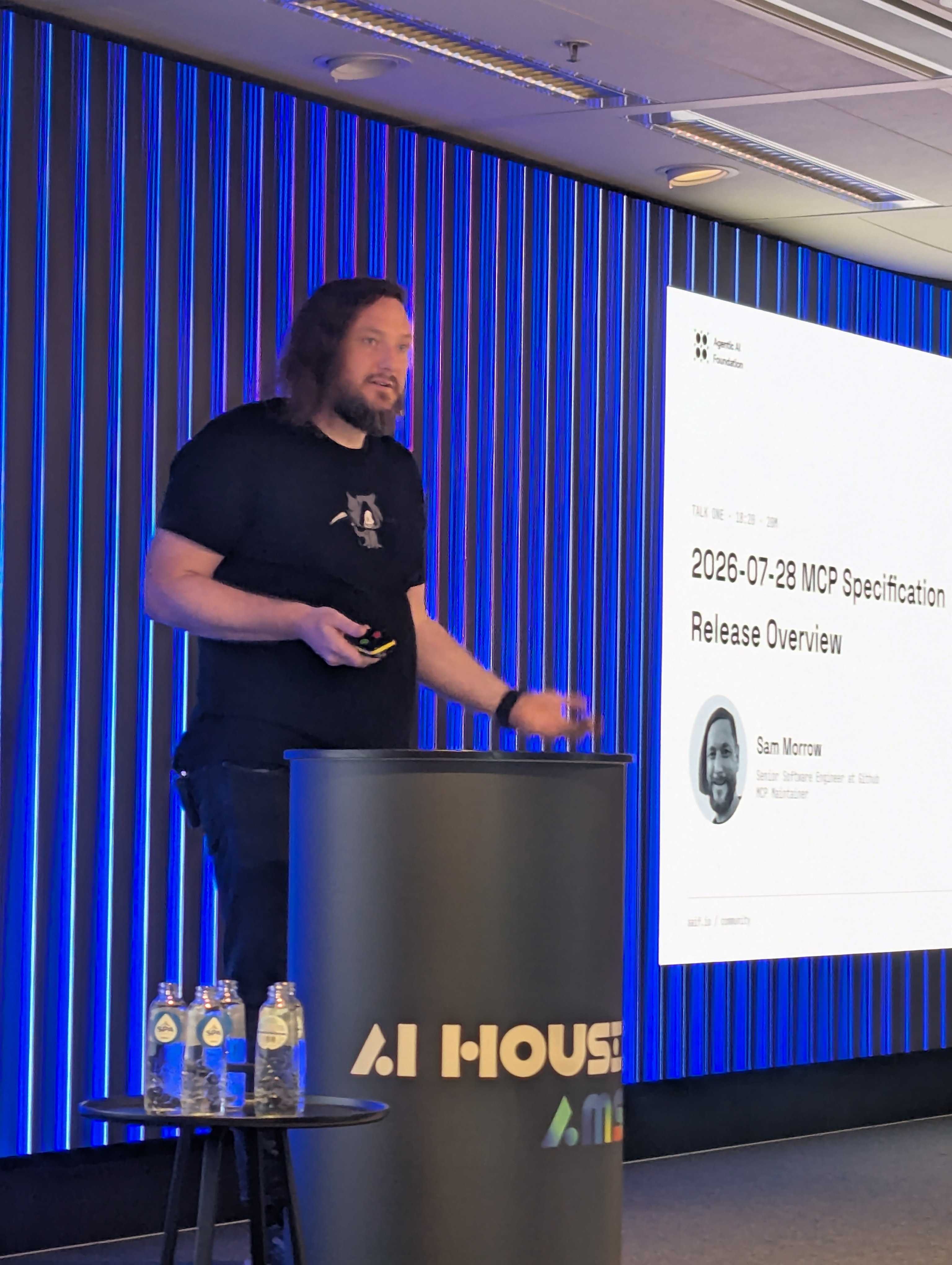 Sam Morrow, a GitHub engineer and MCP maintainer, presenting the 2026-07-28 MCP Specification Release Overview at AI House Amsterdam